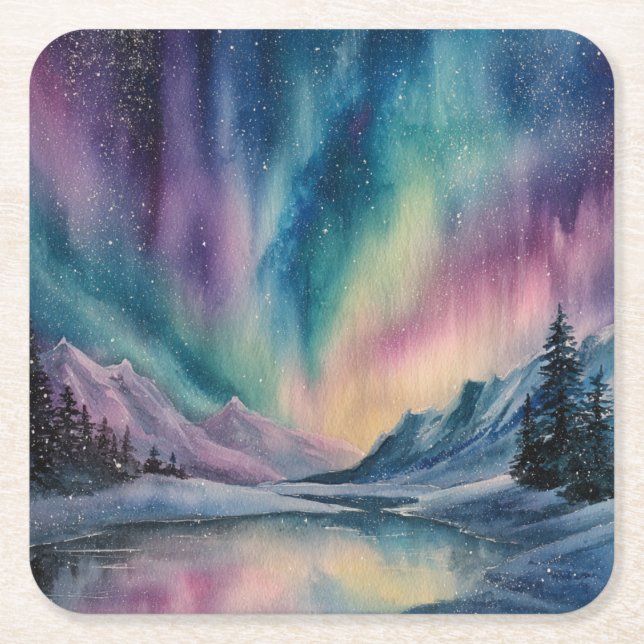 Aurora Borealis Square Paper Coaster (Front)