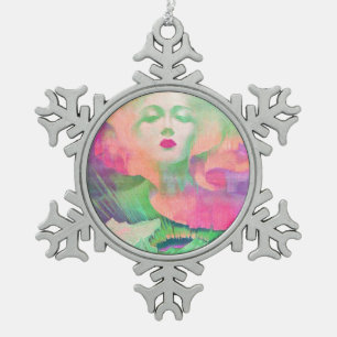 Aurora by Clive Henry colourful pink Snowflake Pewter Christmas Ornament