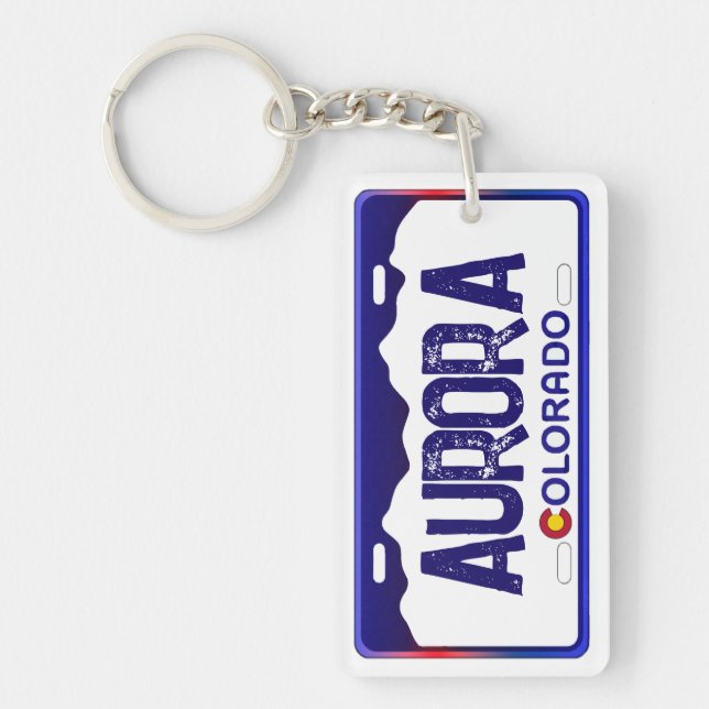 Aurora Colorado blue license plate keychain (Front)