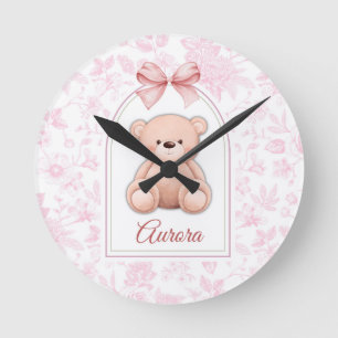 Aurora   Custom Pink Teddy Bear Nursery Design  Round Clock