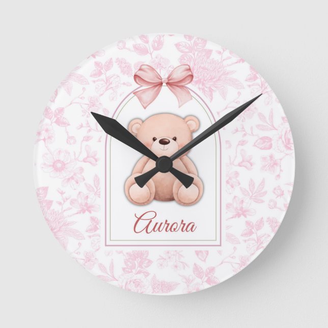 Aurora | Custom Pink Teddy Bear Nursery Design  Round Clock (Front)