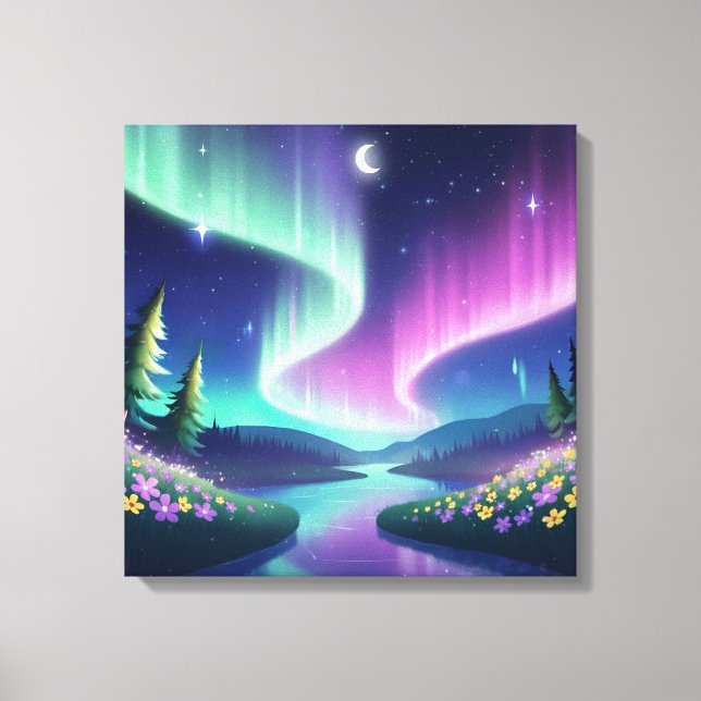 Aurora Dreams: Flowing River and Flower Field Canvas Print (Front)