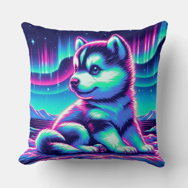 Aurora Glow Husky Pup Throw Pillow (Front)