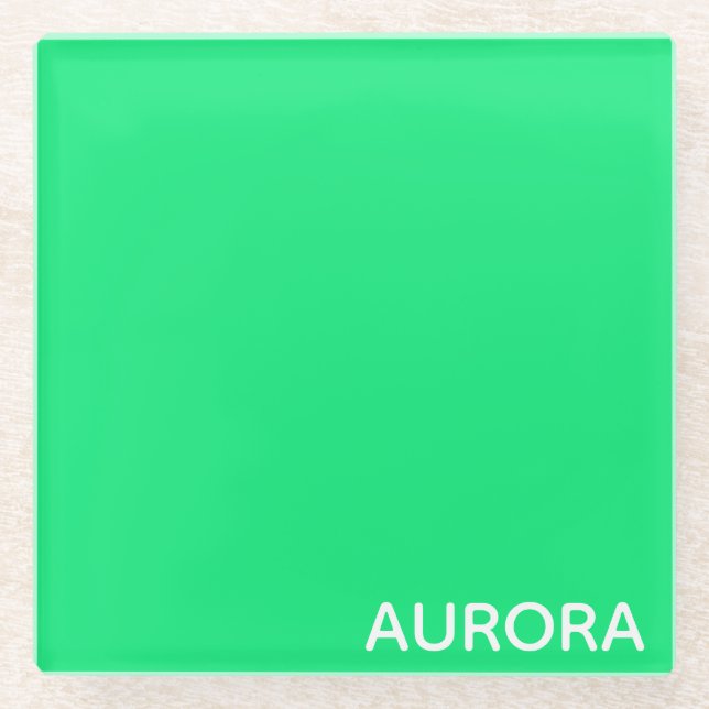 Aurora green colour name glass coaster (Front)