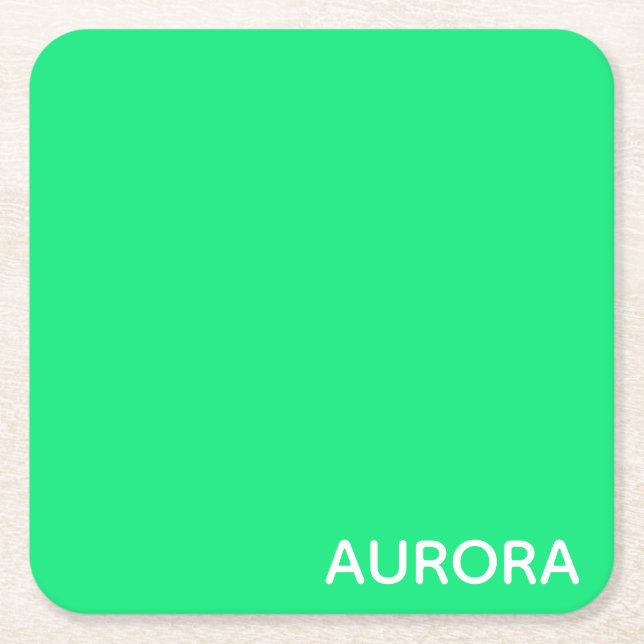Aurora green colour name square paper coaster (Front)
