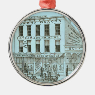 Aurora Illinois Aurora Beacon News 1871 Stone Lith Metal Ornament
