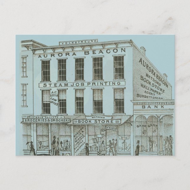 Aurora Illinois Aurora Beacon News 1871 Stone Lith Postcard (Front)