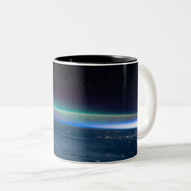 Aurora intersected with Earth's airglow from space Two-Tone Coffee Mug (Front Right)
