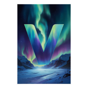Aurora Letter V Poster   Northern Lights Art