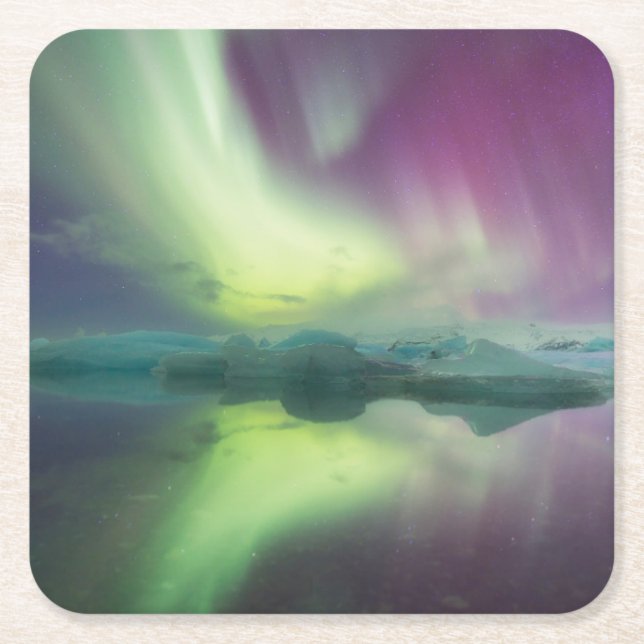Aurora Lights in Lagoon | Jokulsarlon, Iceland Square Paper Coaster (Front)
