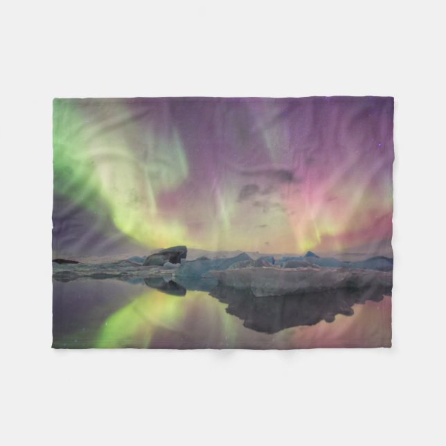 Aurora Lights Reflect in Lagoon Fleece Blanket (Front (Horizontal))