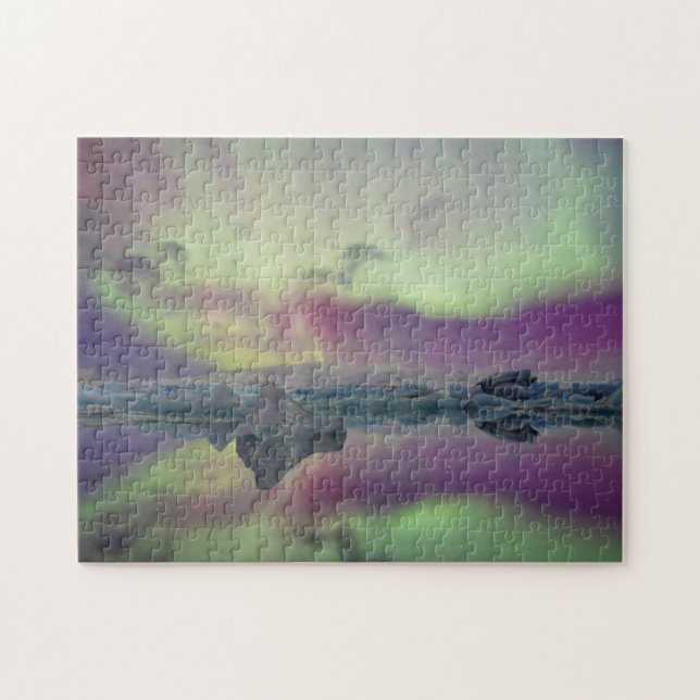 Aurora Lights Reflect Lagoon | Iceland Jigsaw Puzzle (Horizontal)