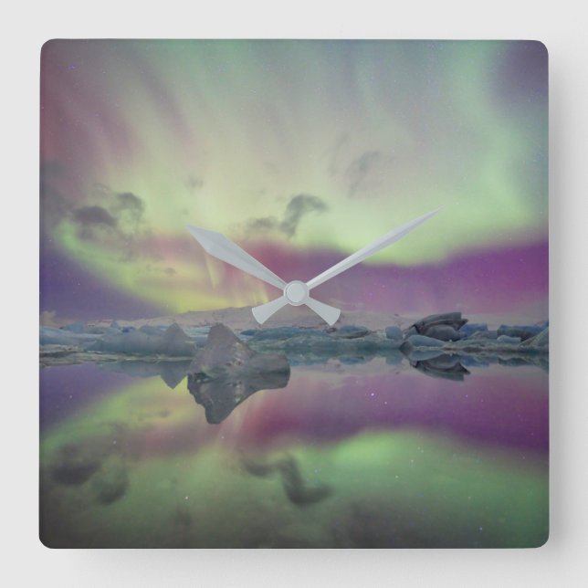 Aurora Lights Reflect Lagoon | Iceland Square Wall Clock (Front)