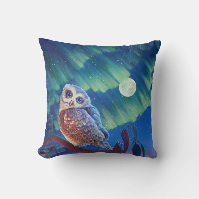 Aurora Owl and Starry Owl. Throw Pillow (Front)