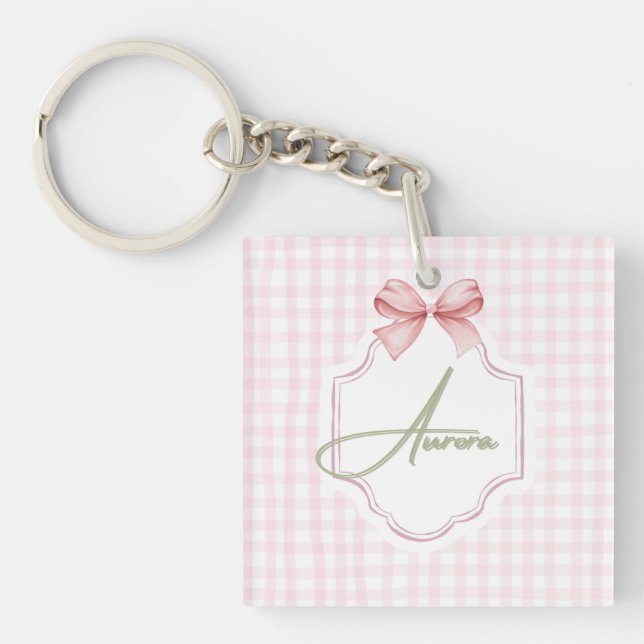 Aurora Personalized Pink Bow & Gingham Print  Keychain (Front)