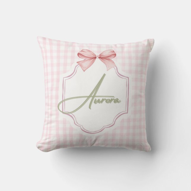 Aurora Personalized Pink Bow & Gingham Print  Throw Pillow (Front)
