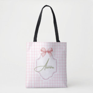 Aurora Personalized Pink Bow & Gingham Print  Tote Bag