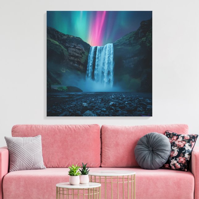 Aurora Waterfall Canvas – Mystical Nature Print (Insitu(LivingRoom))