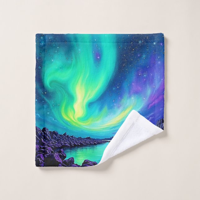 Aurora's Magical Night Sky Dance Design Bath Towel Set (Wash Cloth)