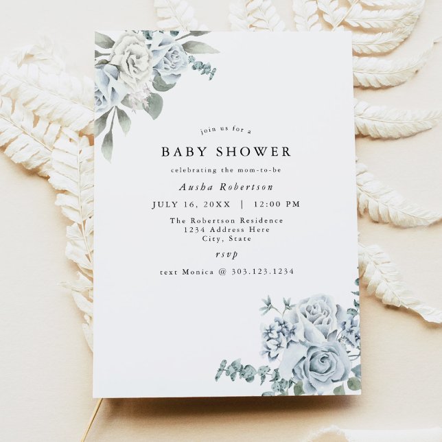 AUSHA Dusty Blue Floral Boy Baby shower Invitation (Créateur téléchargé)