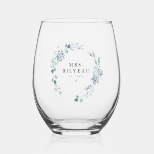AUSHA Elegant Dusty Blue Floral Mrs. Wedding Stemless Wine Glass