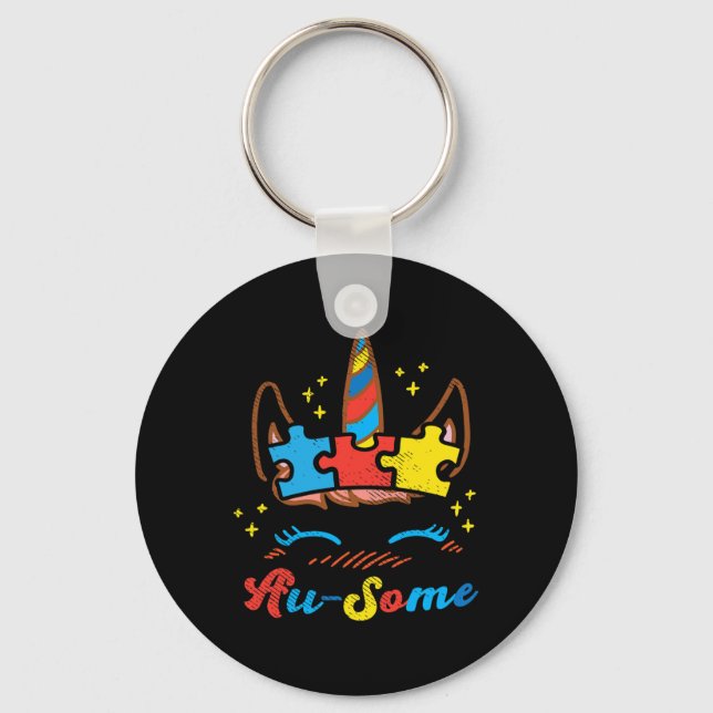 Ausome Unicorn Face Puzzle Autism Awareness ASL Gi Keychain (Front)