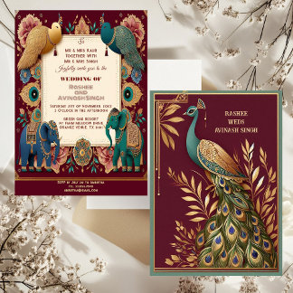 Auspicious Elephants Peacock Feather Ornate Indian Invitation
