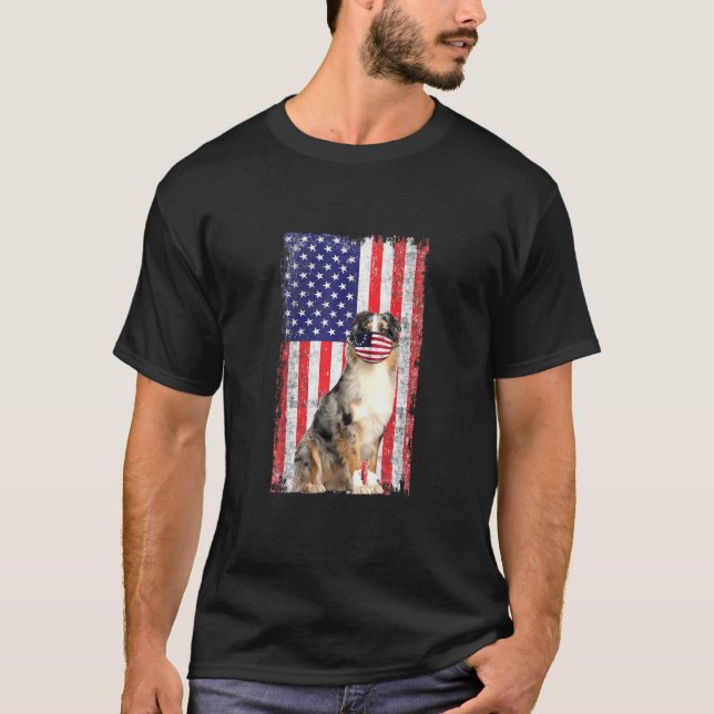 Aussie American Flag Dog Wears Face Mask 4th Of Ju T-Shirt (Front)