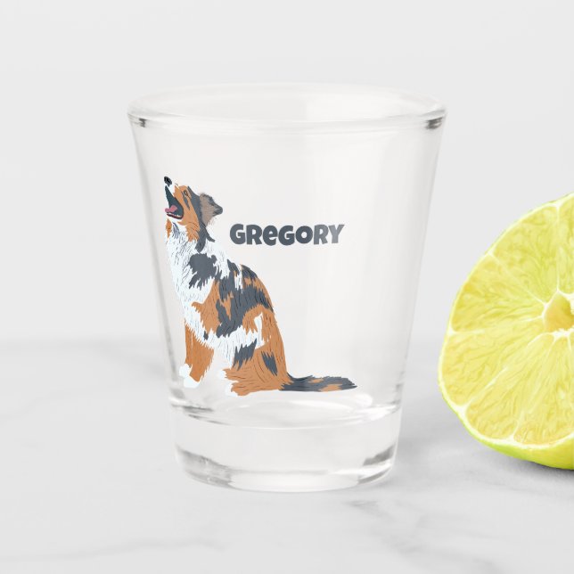 Aussie Australian Shepherd Dog Personalized Shot Glass (Front)