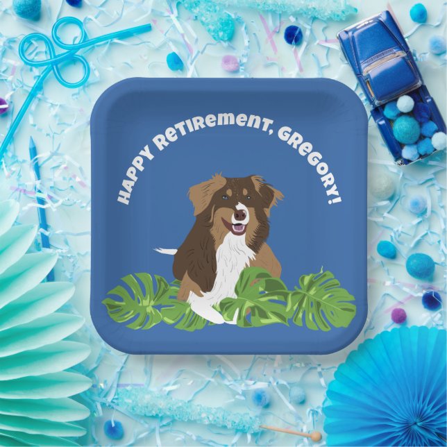 Aussie Australian Shepherd Dog Tropical Leaves Paper Plate (Party)