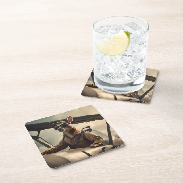 Aussie Kangaroo Pilot, Square Paper Coaster (Insitu)