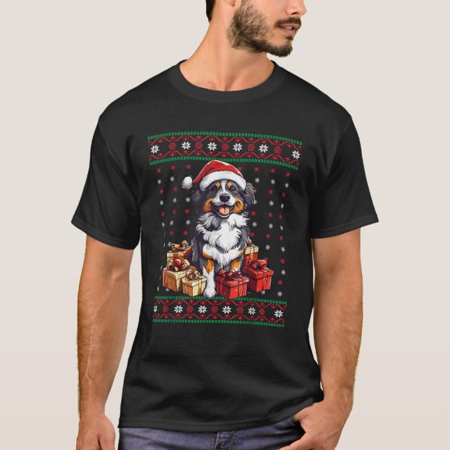 Aussie Santa Hat Xmas Australian Shepherd Ugly Chr T-Shirt (Front)