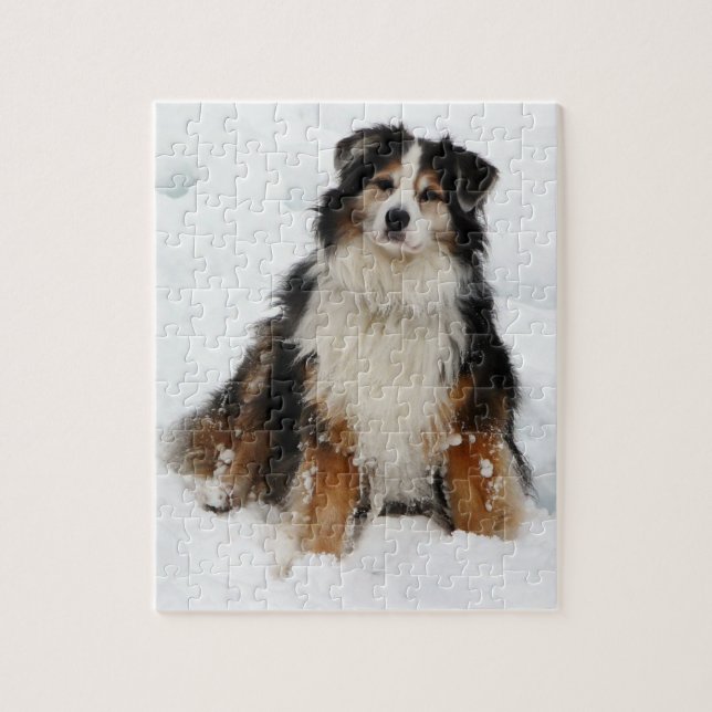 Aussie Shepherd Dog in Snow Jigsaw Puzzle (Vertical)