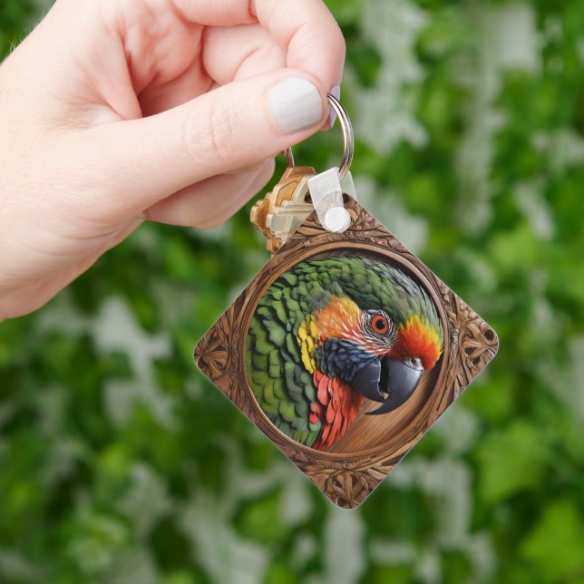 Aussie Spirit: A Lorikeet Perched In Carved Wood Keychain (Hand)