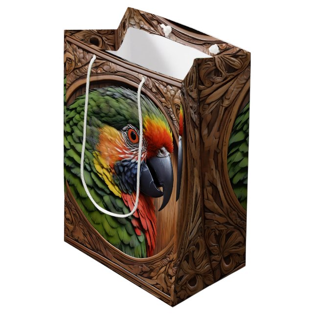 Aussie Spirit: A Lorikeet Perched In Carved Wood Medium Gift Bag (Front Angled)