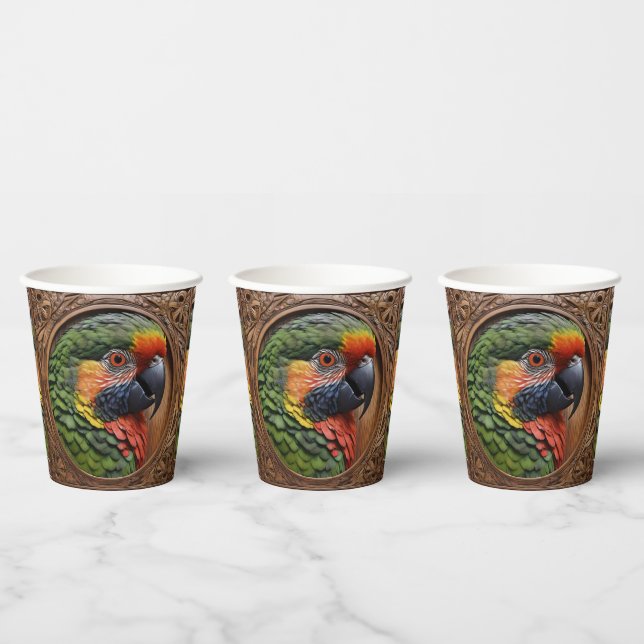 Aussie Spirit: A Lorikeet Perched In Carved Wood Paper Cups (Multi)