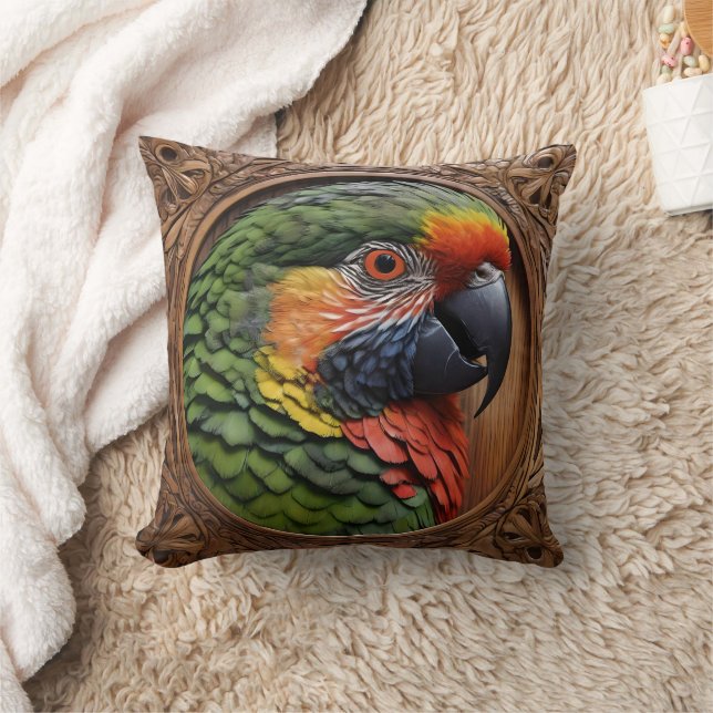 Aussie Spirit: A Lorikeet Perched In Carved Wood Throw Pillow (Blanket)