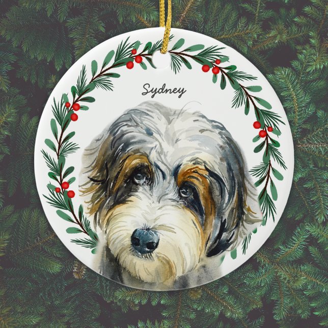 Aussiedoodle Christmas Wreath Personalized Ceramic Ornament (Add Dog's name, or other short text, or delete text if not required. )