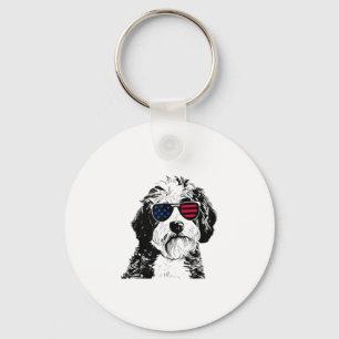 Aussiedoodle Dog 4th July America USA Flag Keychain