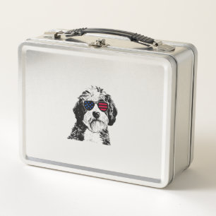 Aussiedoodle Dog 4th July America USA Flag  Metal Lunch Box