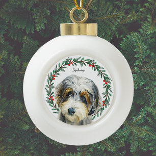 Aussiedoodle Dog Personalized Holiday Wreath Ceramic Ball Christmas Ornament