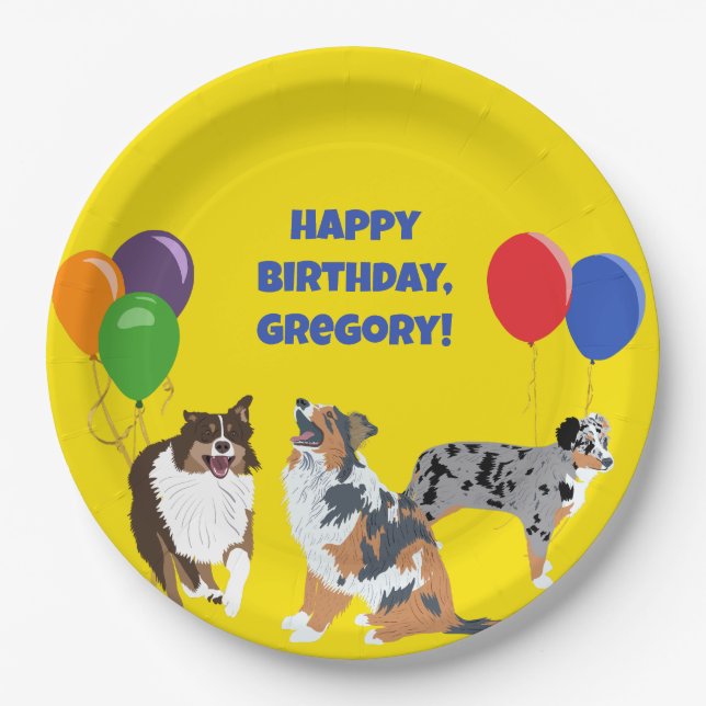 Aussies Australian Shelpherds and Party Balloons Paper Plate (Front)
