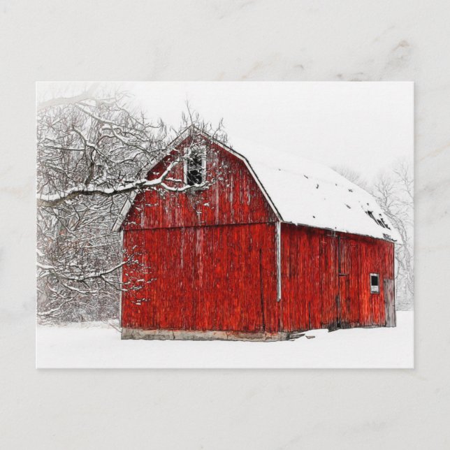 Austere and Bare Winter Red Barn Postcard (Front)