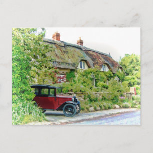 Austin 7 outside a thatched cottage postcard