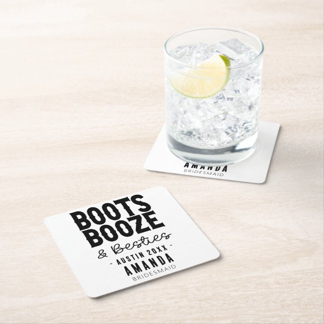 Austin Bachelorette Boots Booze Besties Custom Square Paper Coaster (Insitu)
