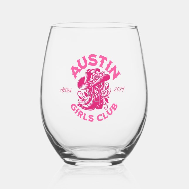 austin bachelorette pink floral cowboy hat boots stemless wine glass (Front)