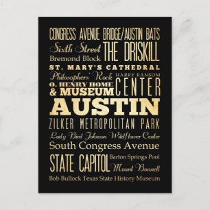 Austin City of Texas State Typography Art Postcard