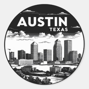 Austin City Texas Skyline Retro Black & White Art Classic Round Sticker