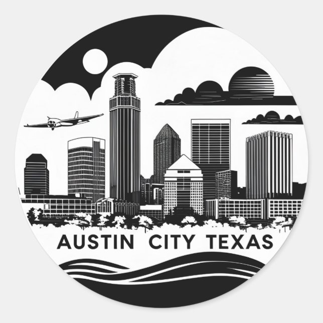 Austin City Texas Skyline Retro Black & White Art Classic Round Sticker (Front)