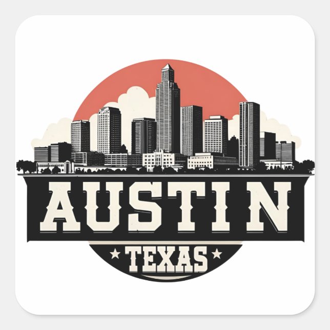 Austin City Texas Skyline Retro Black & White Art Square Sticker (Front)